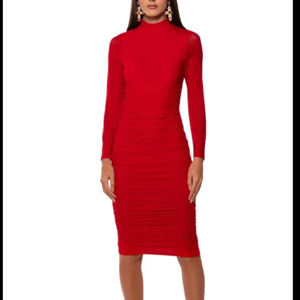 AKIRA Red Long Sleeve Ruched Midi Dress - Picture 9 of 9